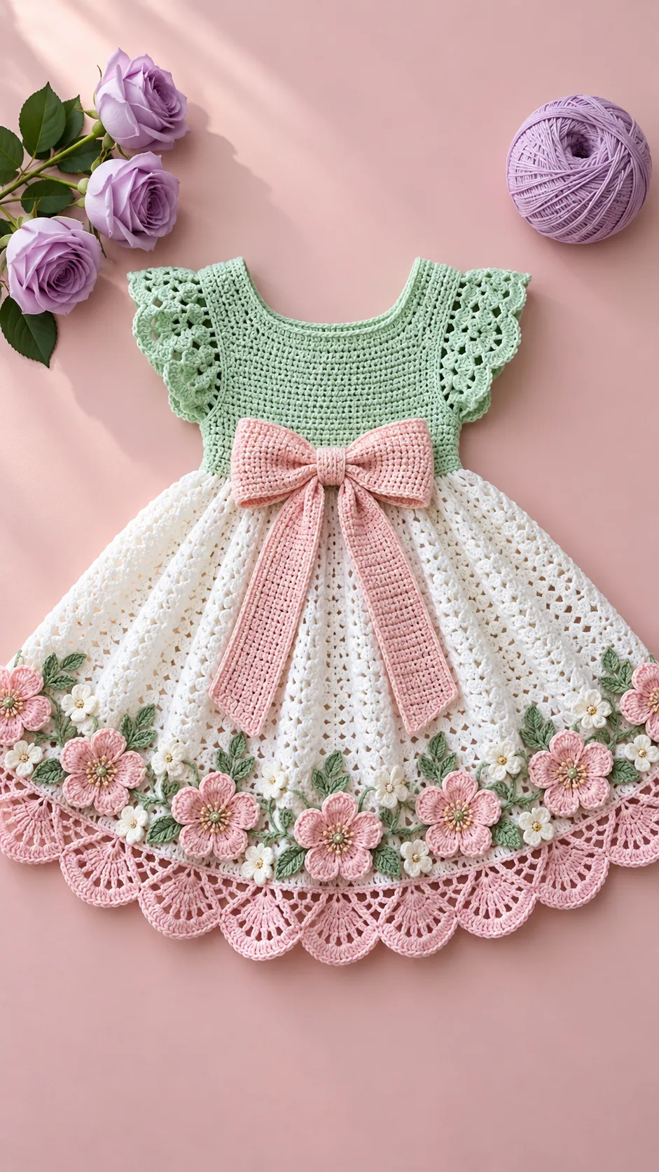 Mint Pink Blossom Bow Dress Crochet Pattern