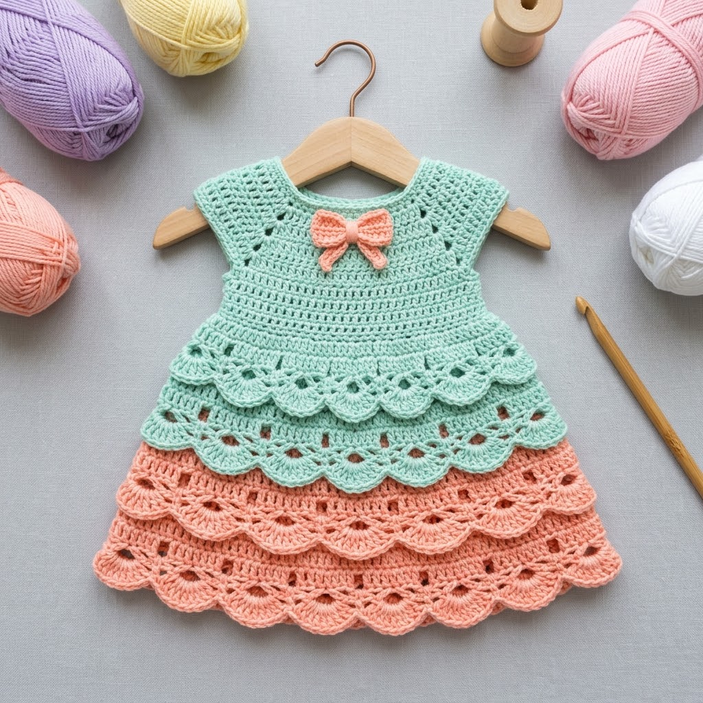 Mint and Peach Tiered Baby Dress Free Crochet Pattern