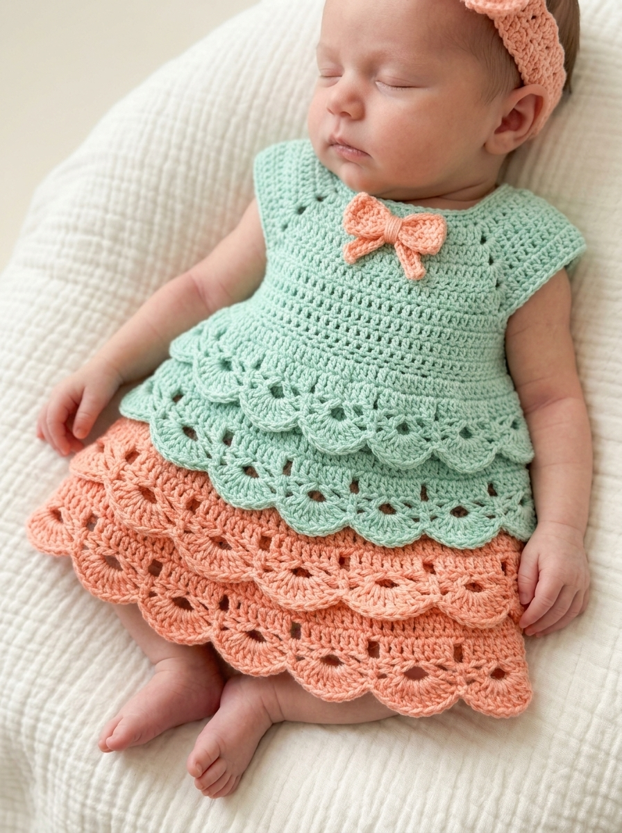 Mint and Peach Tiered Baby Dress Free Crochet Pattern
