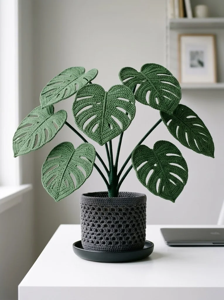 Modern Monstera Crochet Plant for Home Office Desk
