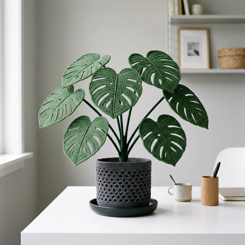 Modern Monstera Crochet Plant for Home Office Desk
