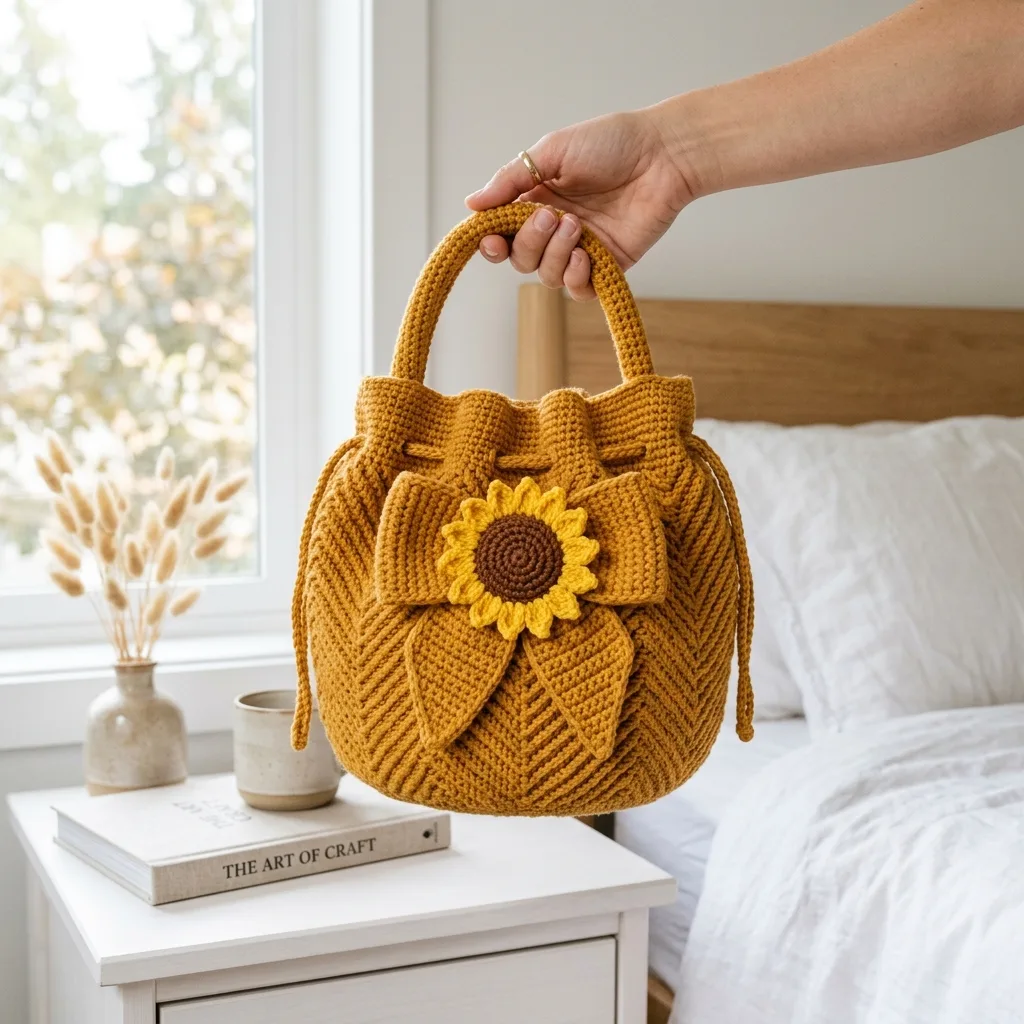 Mustard Sunflower Bow Bucket Bag Crochet Pattern