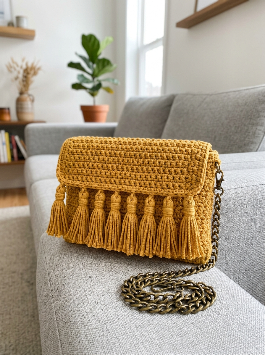 Mustard Yellow Boho Tassel Bag Free Crochet Pattern