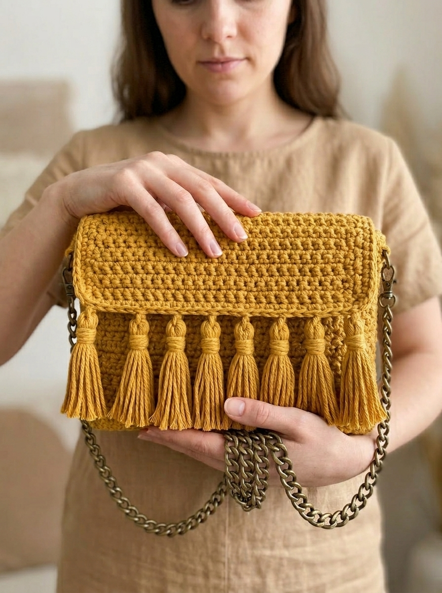 Mustard Yellow Boho Tassel Bag Free Crochet Pattern