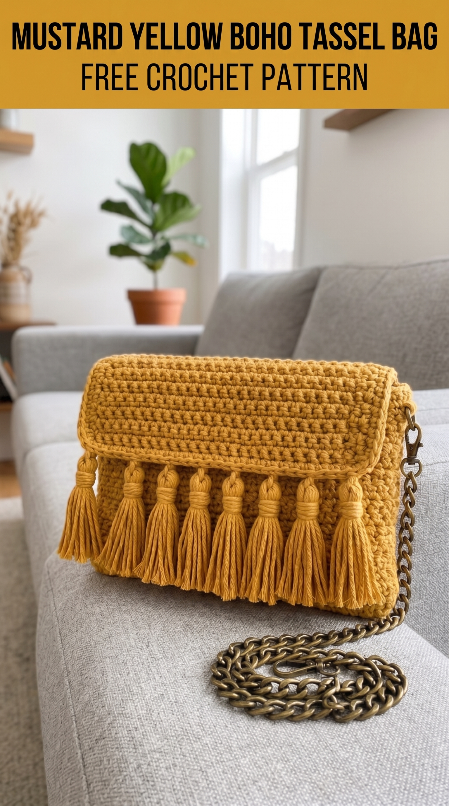 Mustard Yellow Boho Tassel Bag Free Crochet Pattern