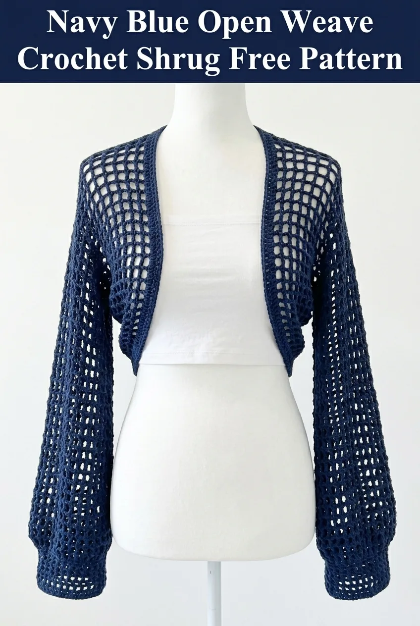 Navy Blue Open Weave Crochet Shrug Free Pattern