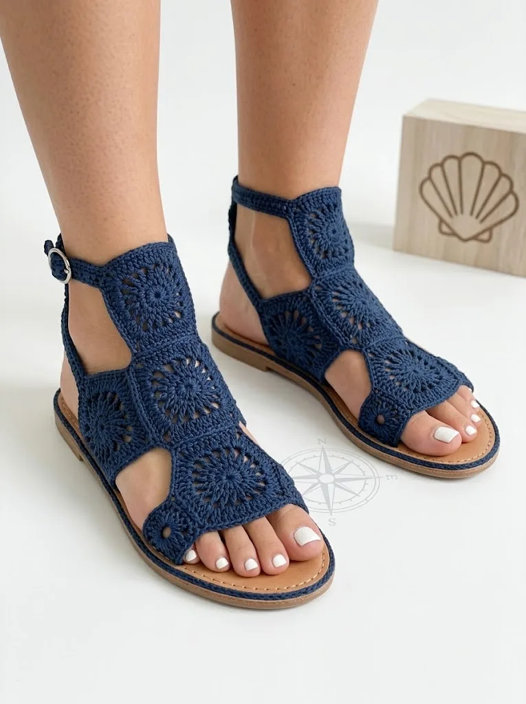 Navy Nautical Crochet Sandals in Coastal Bathroom Free Pattern