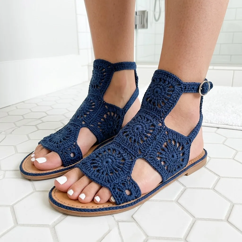 Navy Nautical Crochet Sandals in Coastal Bathroom Free Pattern