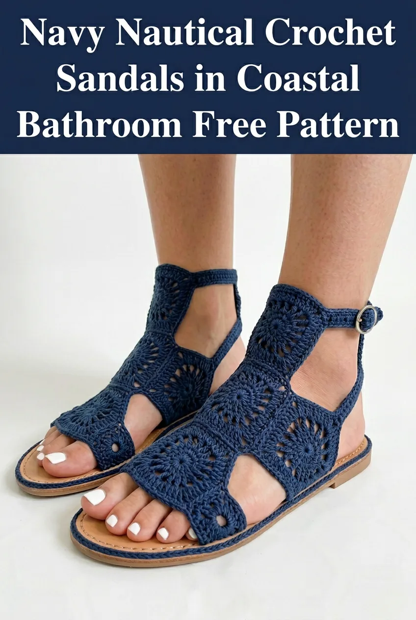 Navy Nautical Crochet Sandals in Coastal Bathroom Free Pattern