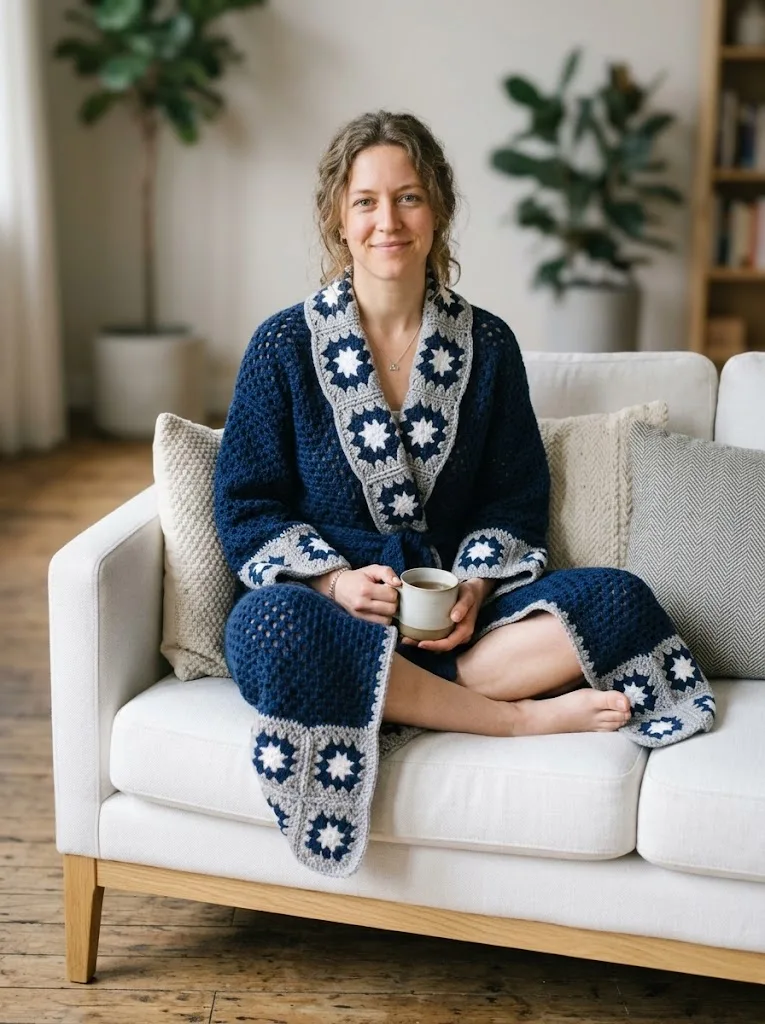 Navy Starlight Granny Square Robe Free Pattern