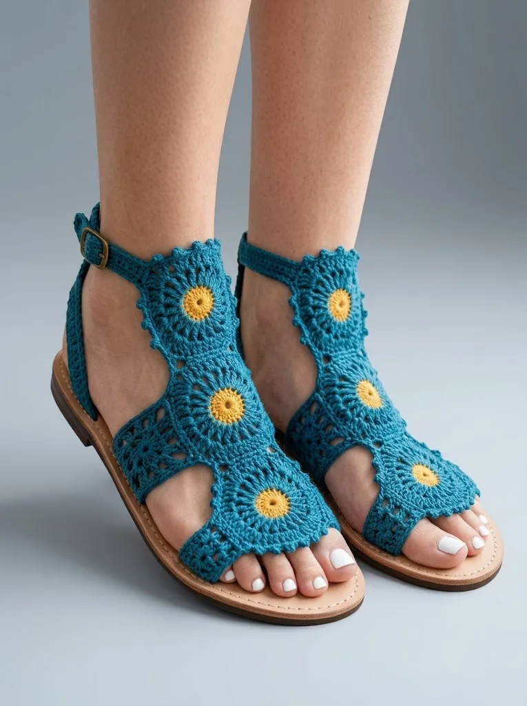 Ocean Blue Boho Crochet Gladiator Sandals Free Pattern