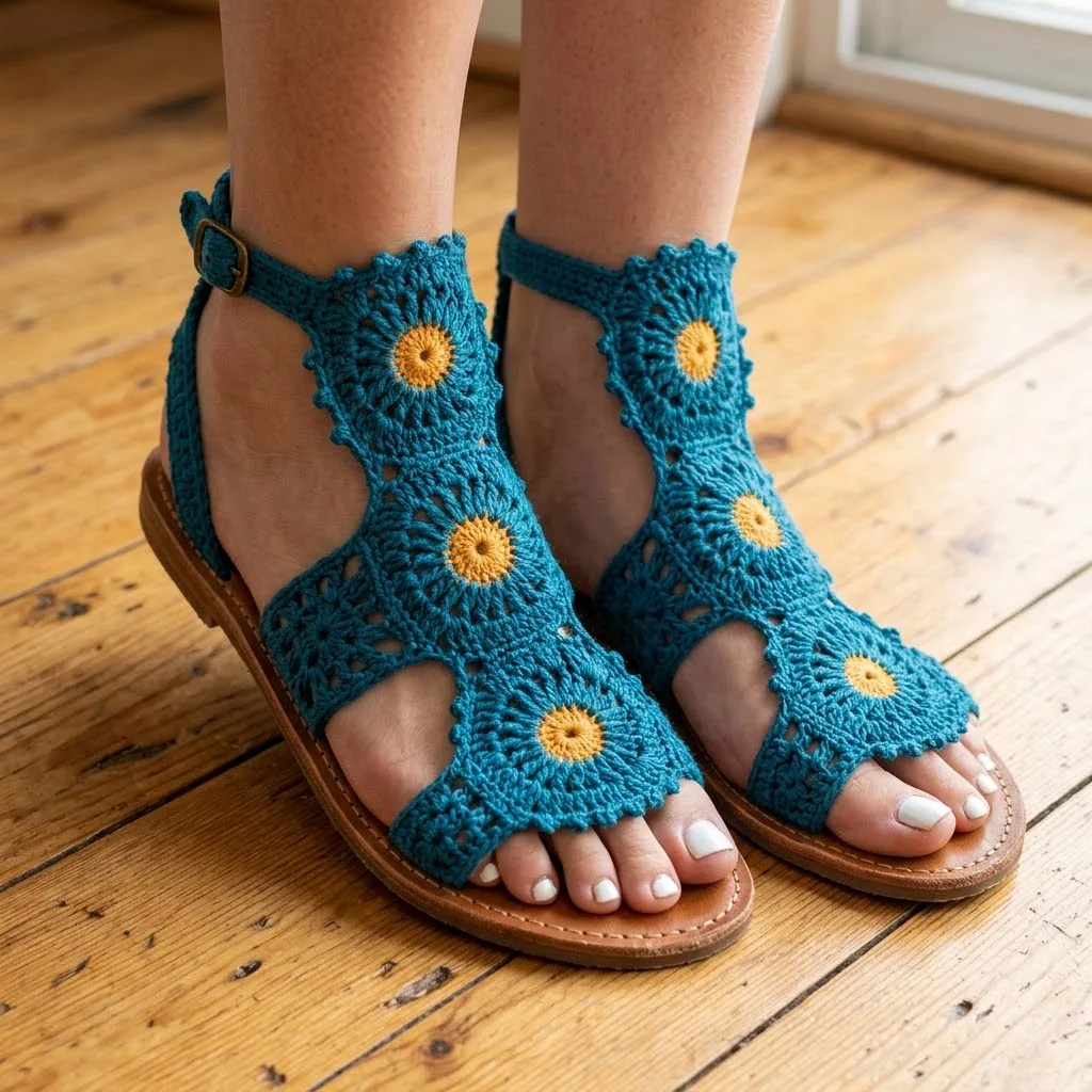 Ocean Blue Boho Crochet Gladiator Sandals Free Pattern