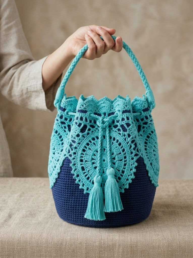 Ocean Blue Coastal Lace Bucket Bag Free Crochet Pattern