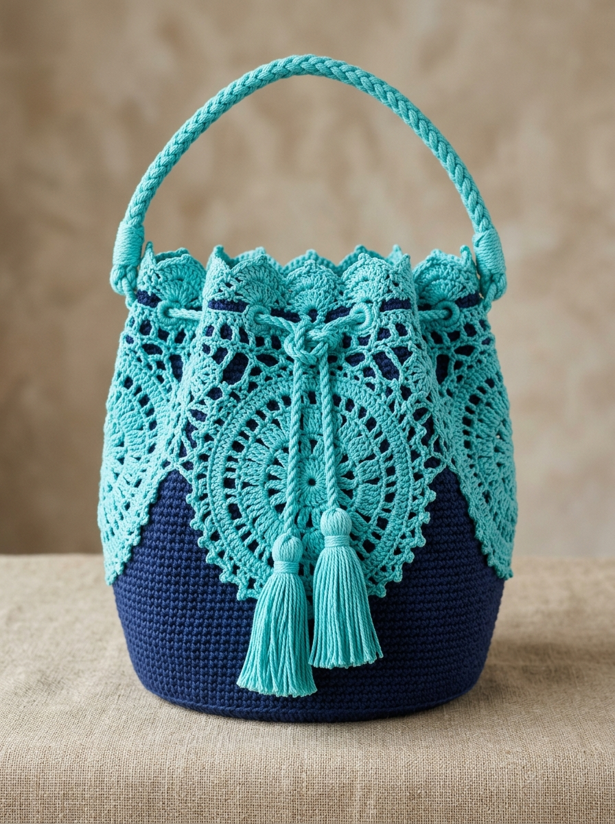 Ocean Blue Coastal Lace Bucket Bag Crochet Pattern (PDF Download)