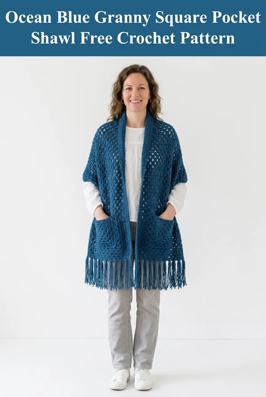 Ocean Blue Granny Square Pocket Shawl Free Crochet Pattern