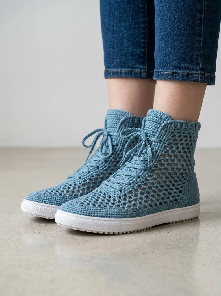 Ocean Blue Lattice Crochet High Tops Free Pattern