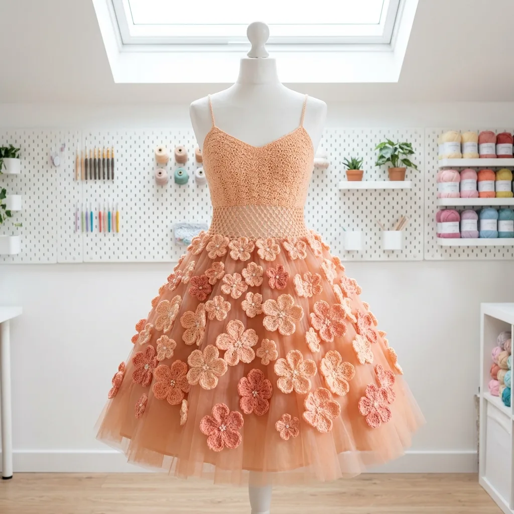 Peach Blossom Fairy Crochet Dress displayed on a mannequin