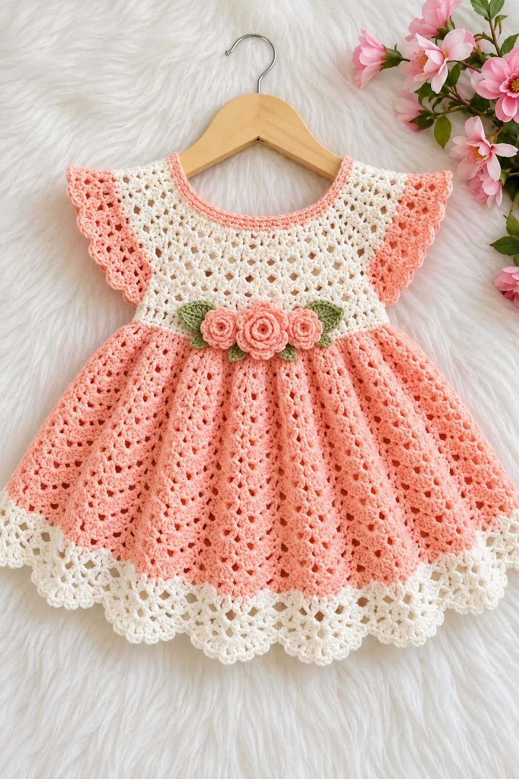 Peach Rosebud Baby Dress Crochet Pattern