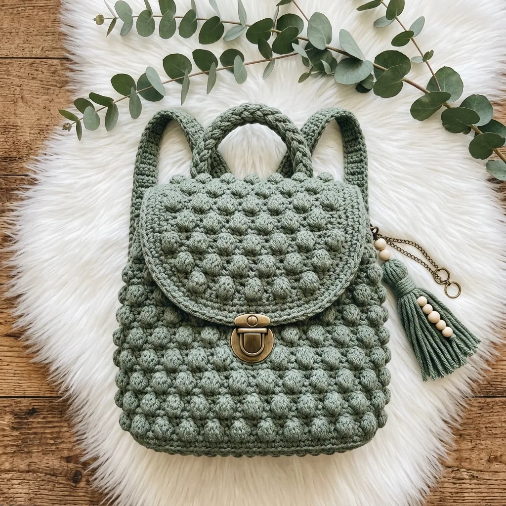 Sage Green Boho Crochet Backpack