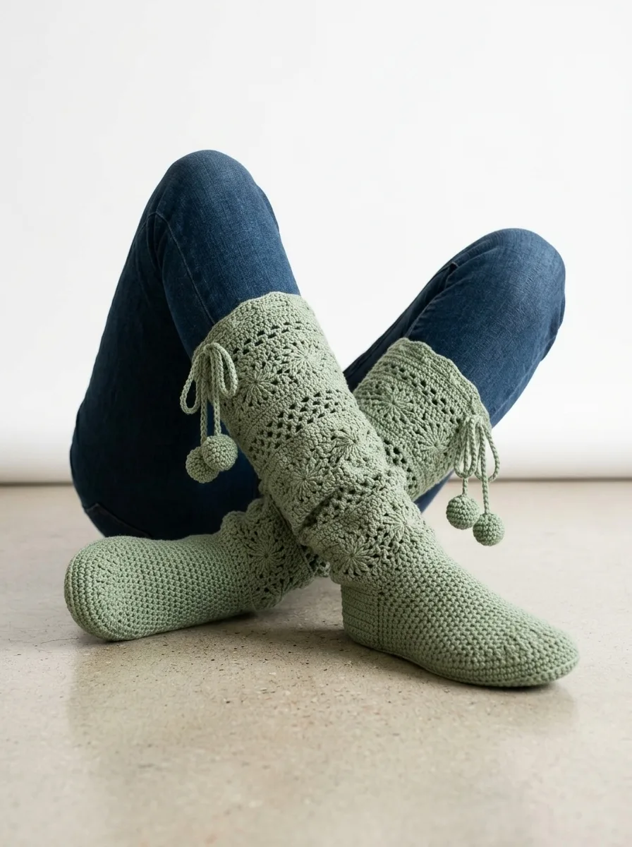 Sage Green Boho Crochet Lace Boots Free Pattern