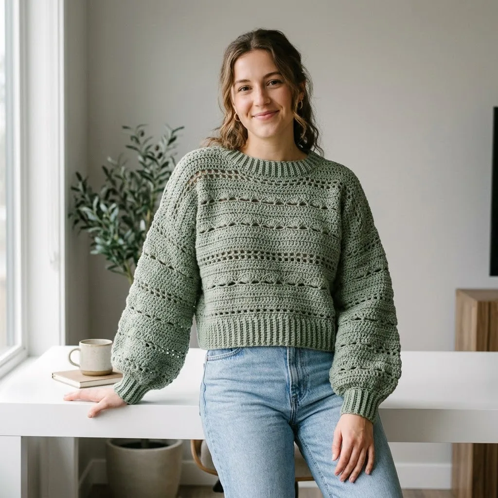 Sage Green Boho Lace Crochet Pullover Free Pattern