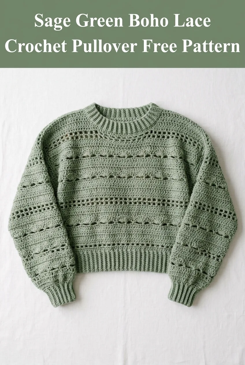 Sage Green Boho Lace Crochet Pullover Free Pattern