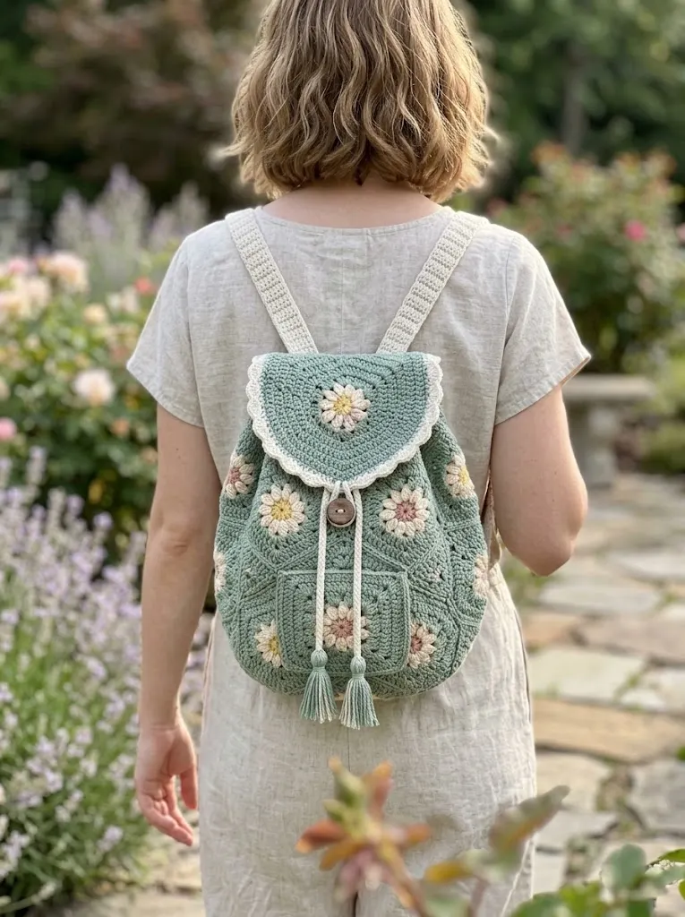Sage Green Botanical Granny Backpack Free Crochet Pattern
