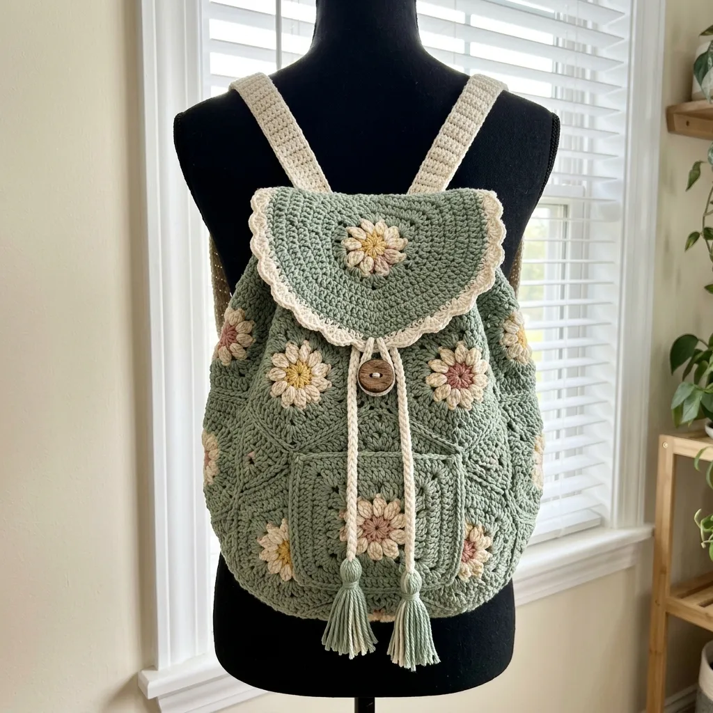 Sage Green Botanical Granny Backpack Free Crochet Pattern