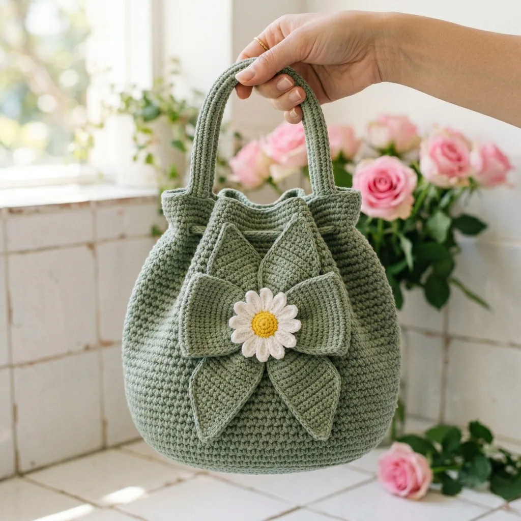 Sage Green Daisy Bow Bucket Bag Crochet Pattern