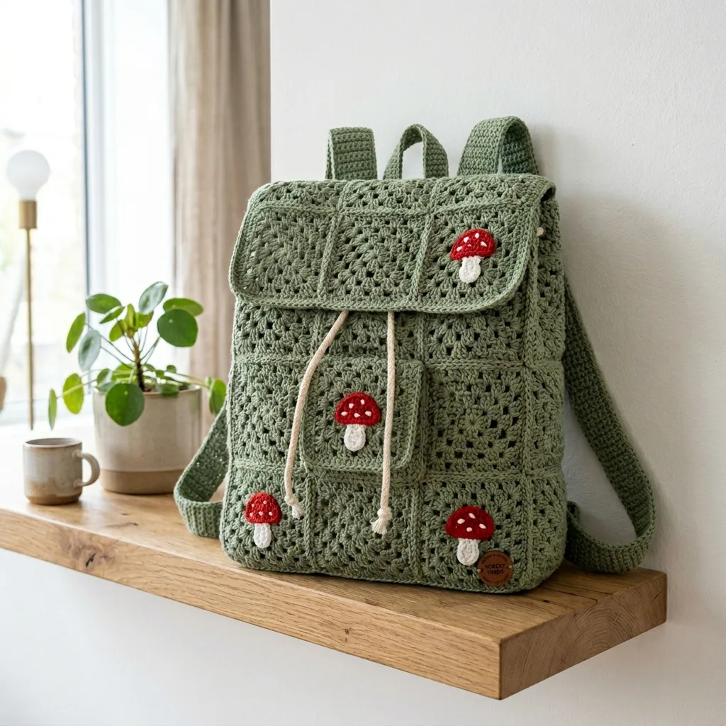 Sage Green Mushroom Cottage Crochet Backpack