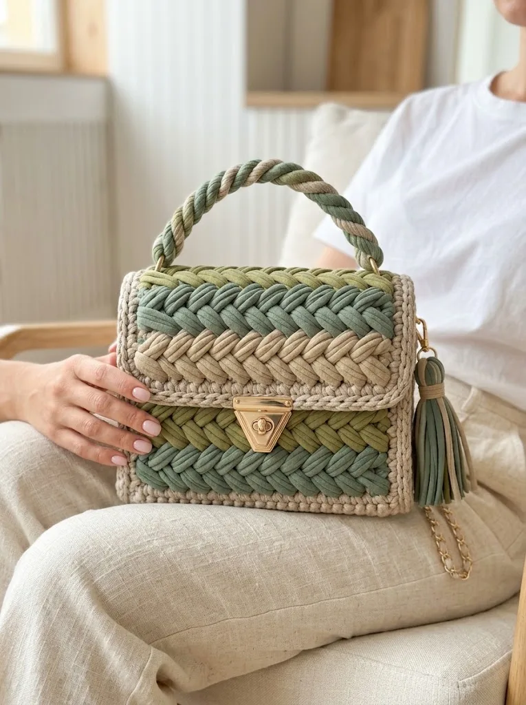 Sage Green Natural Minimalist Braided Bag Free Crochet Pattern