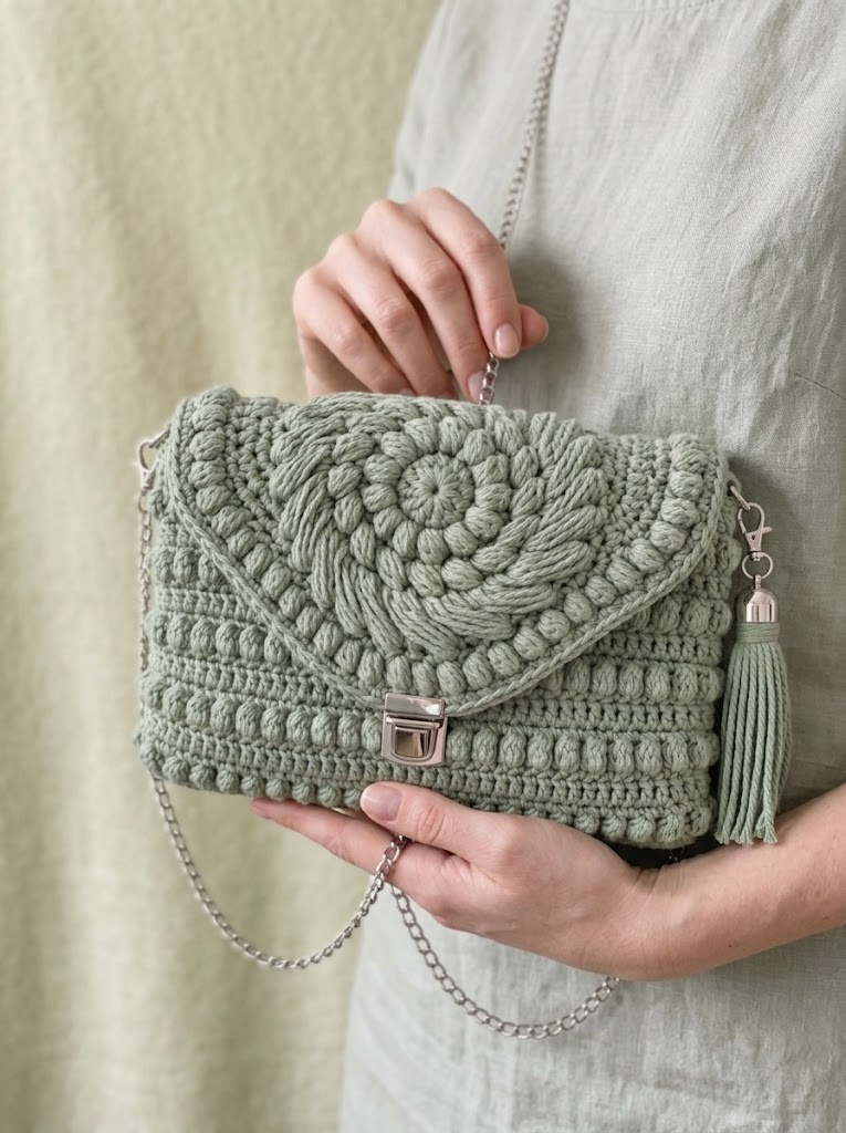 Sage Green Spiral Puff Stitch Clutch Free Crochet Pattern
