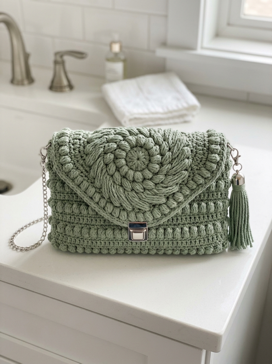 Sage Green Spiral Puff Stitch Clutch Crochet Pattern (PDF Download)
