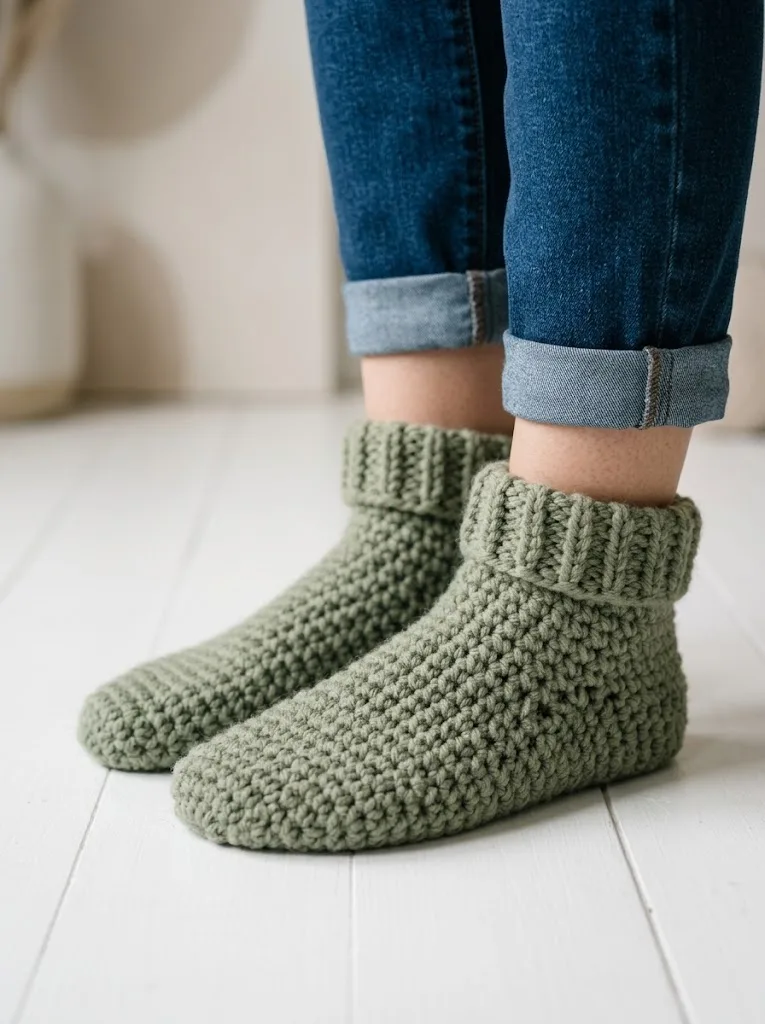 Sage Green Textured Slipper Socks Free Crochet Pattern
