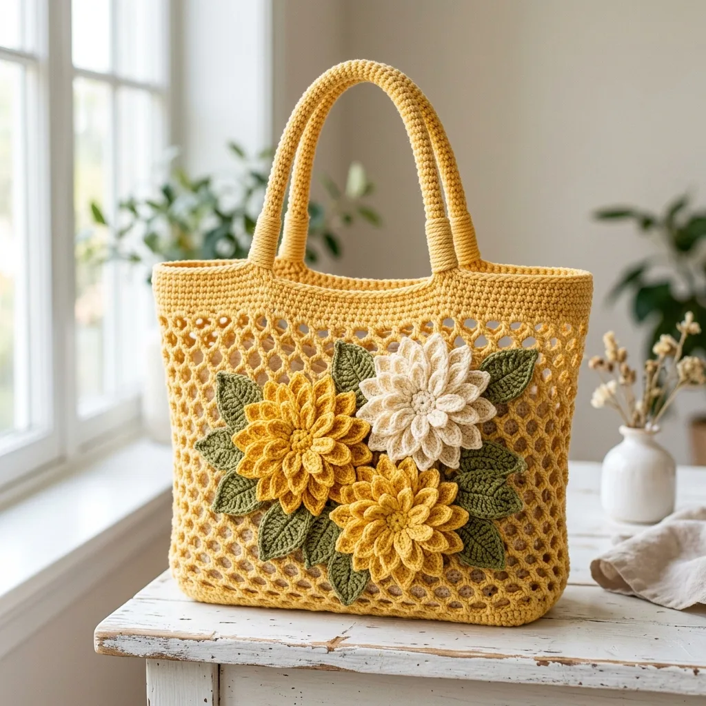 Sunny Yellow Dahlia Tote Crochet Pattern
