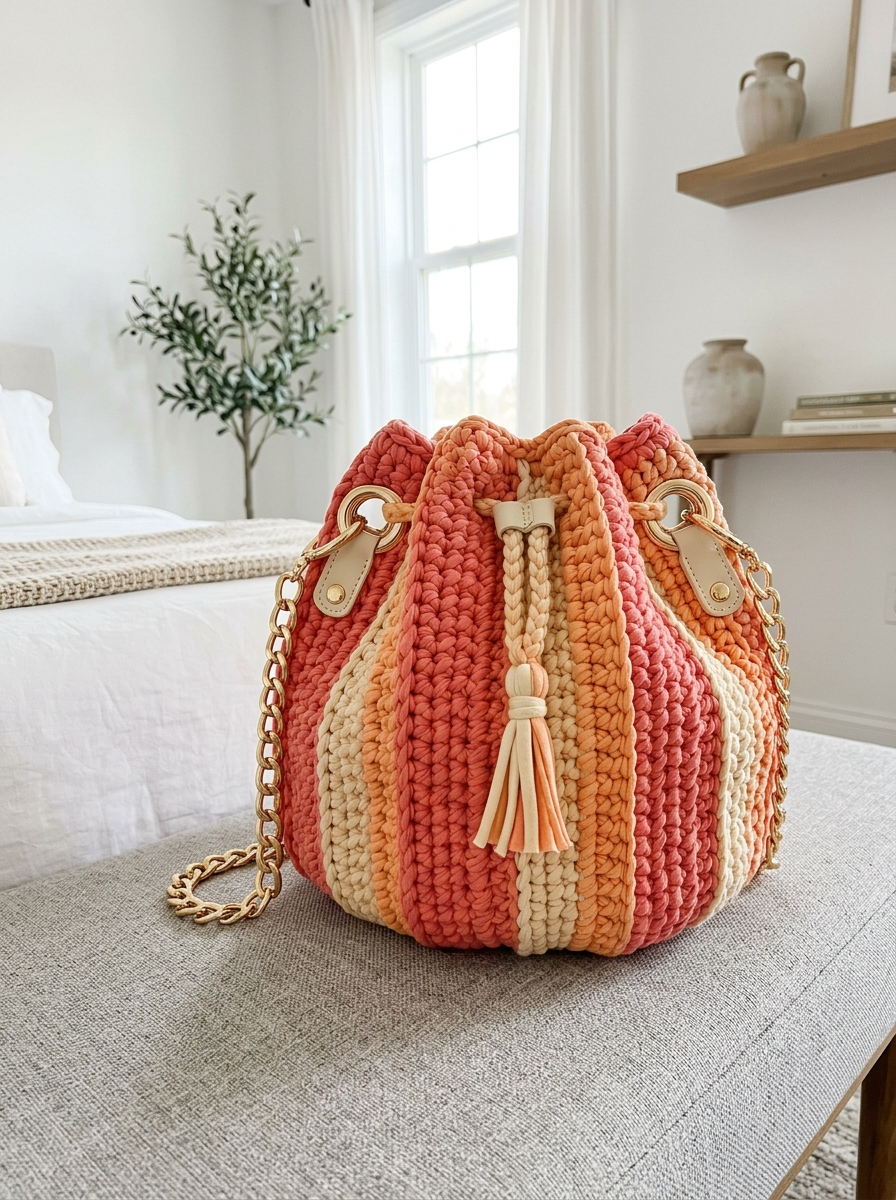 Sunset Coral Drawstring Bucket Bag Free Crochet Pattern