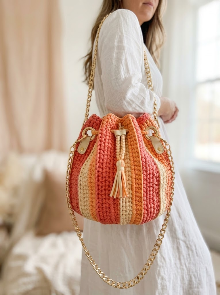 Sunset Coral Drawstring Bucket Bag Free Crochet Pattern