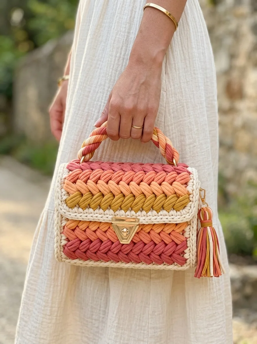 Sunset Coral Gradient Braided Bag Free Crochet Pattern