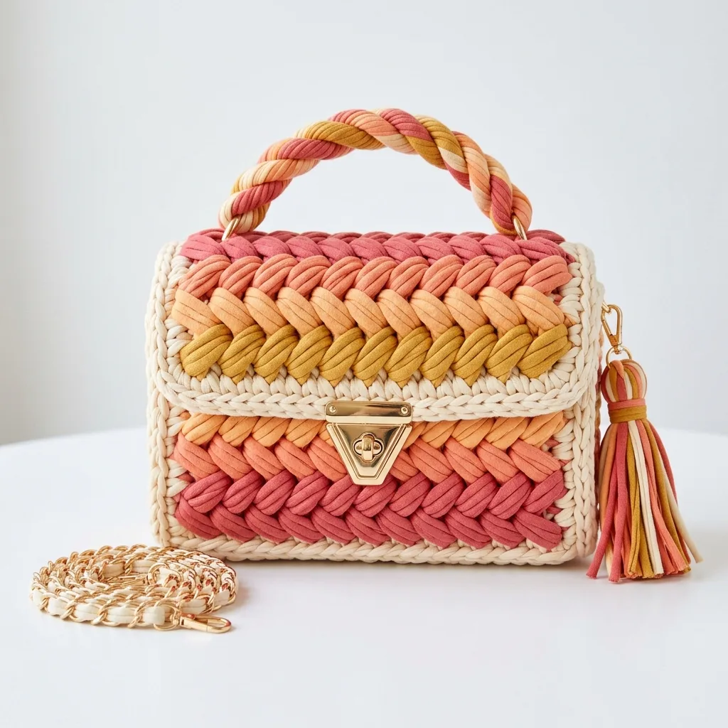 Sunset Coral Gradient Braided Bag Free Crochet Pattern