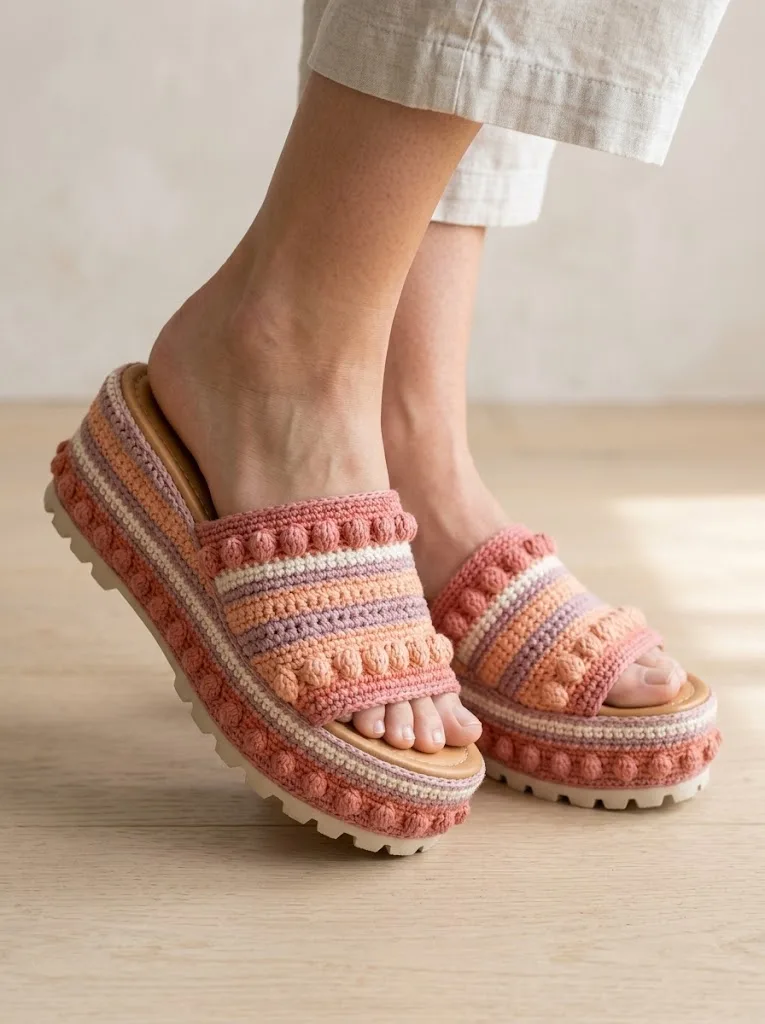 Sunset Pink Coral Crochet Platform Wedge Sandals Pattern
