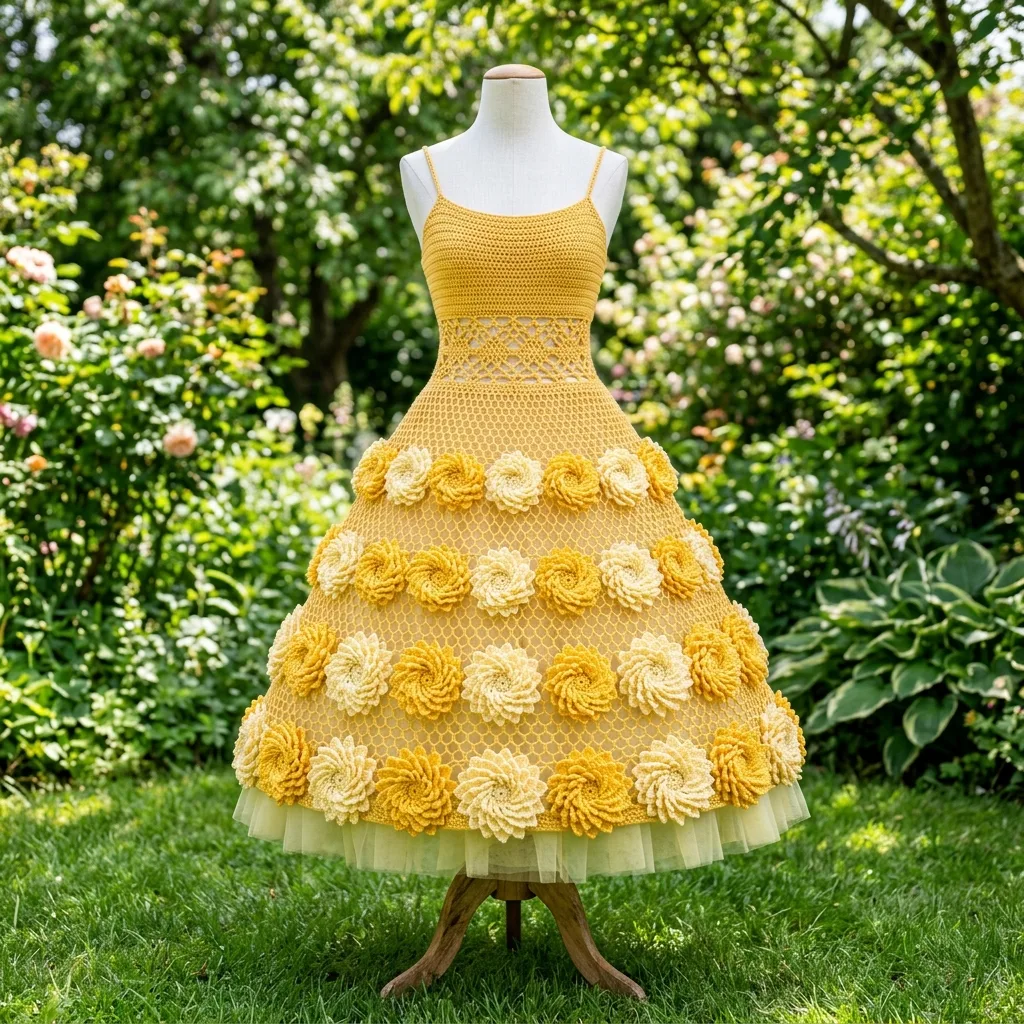 Sunshine Yellow Dahlia Crochet Dress on a mannequin in a garden