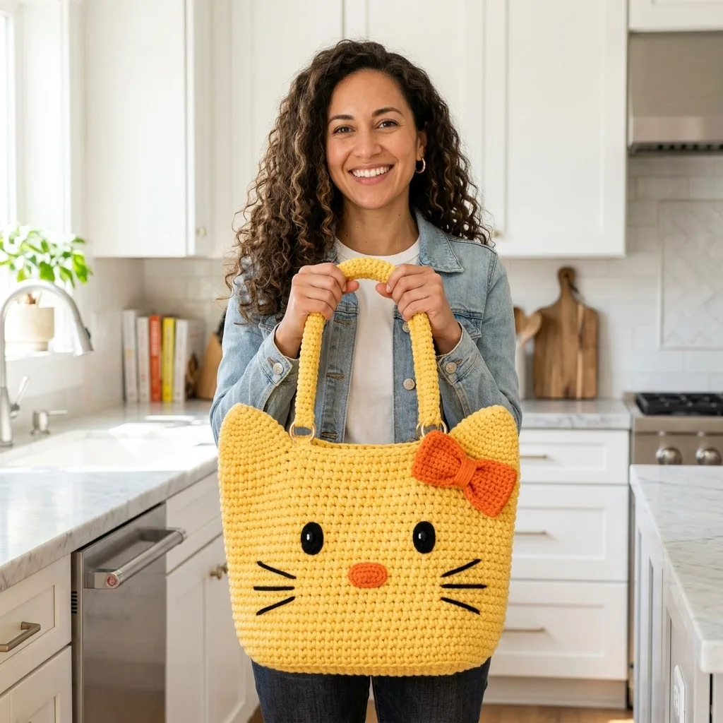 Sunshine Yellow Kitty Tote Bag Free Crochet Pattern