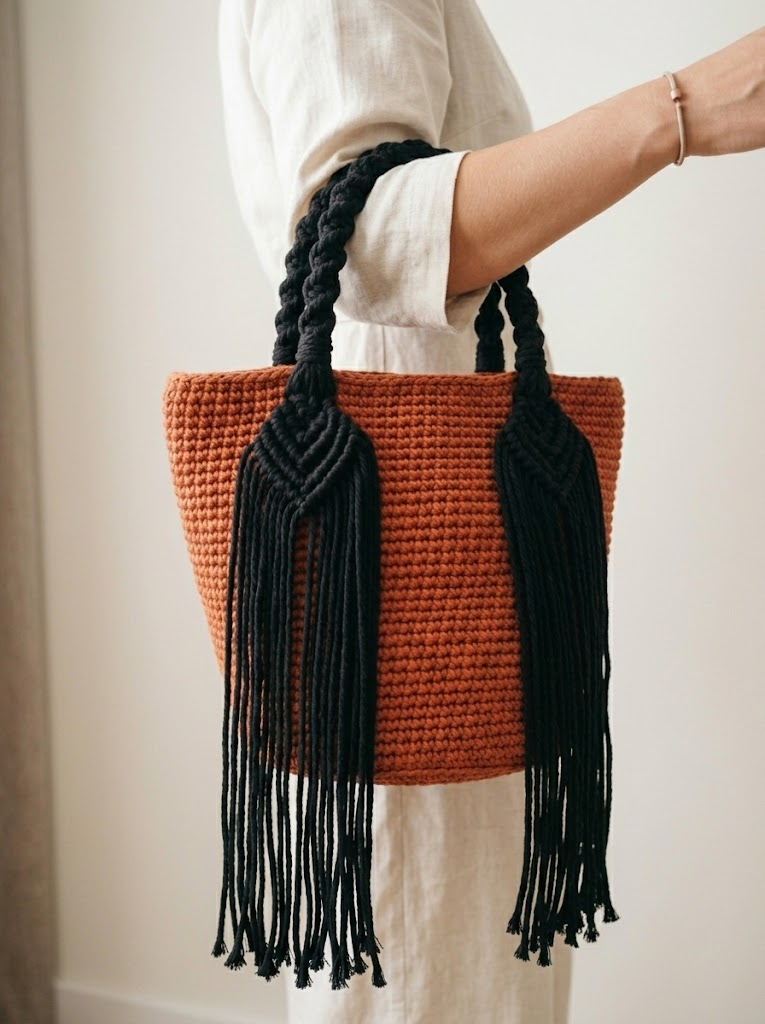 Terracotta Boho Basket Bag with Black Fringe Free Crochet Pattern