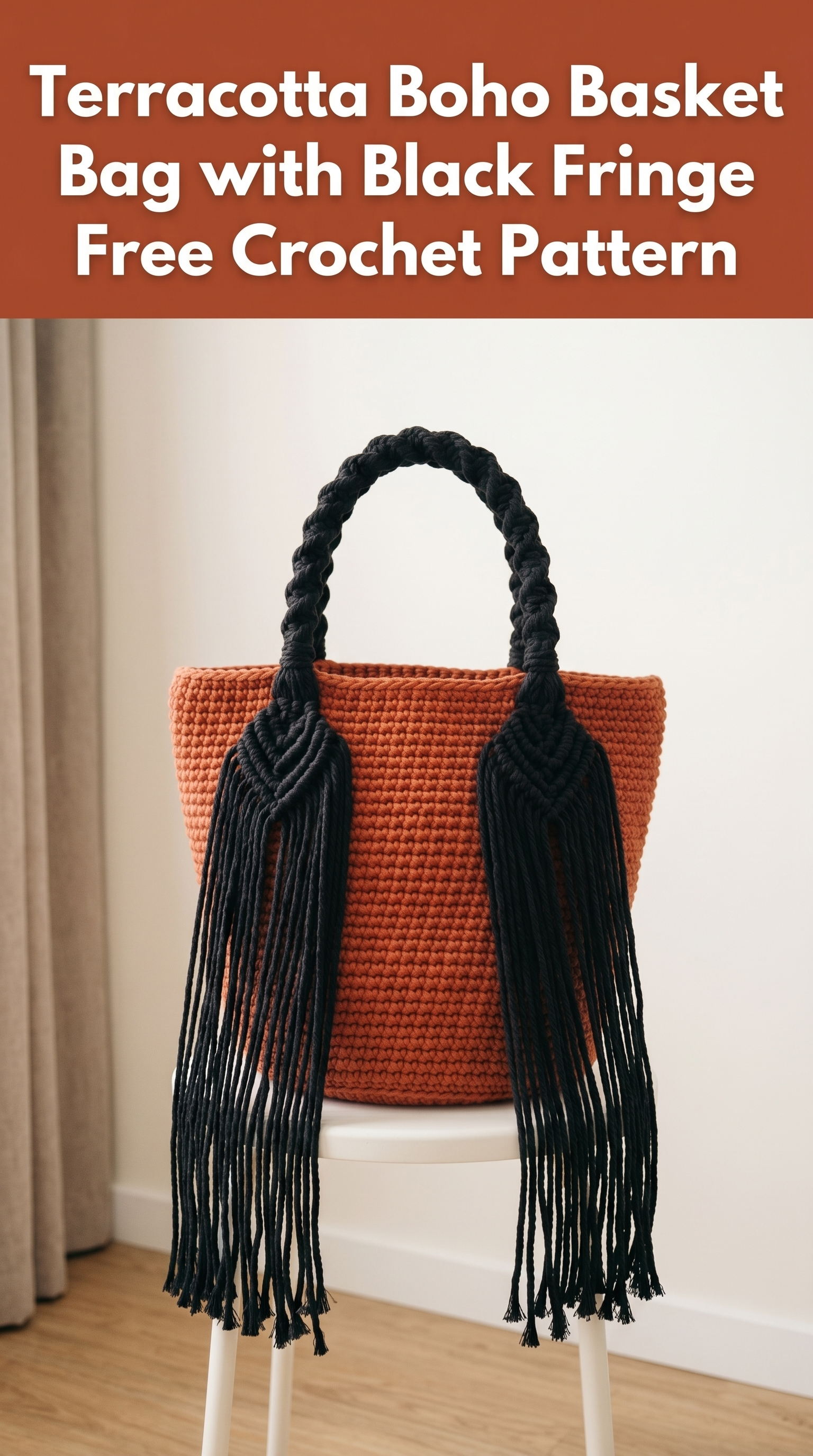 Terracotta Boho Basket Bag with Black Fringe Free Crochet Pattern
