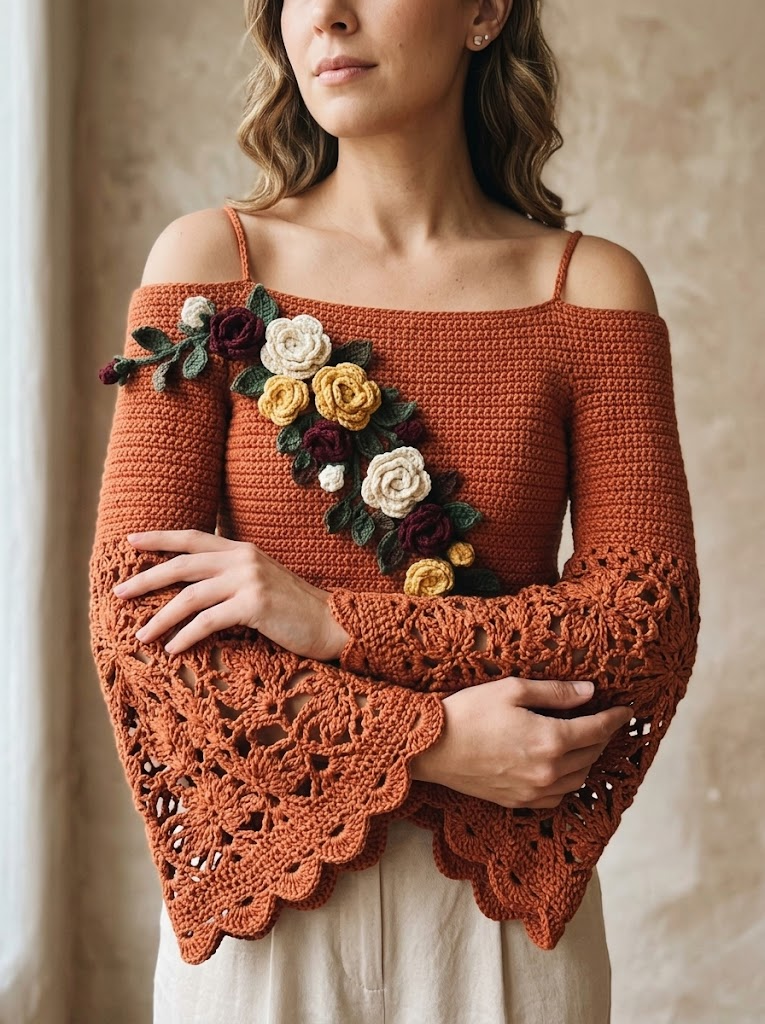Terracotta Sunset Floral Crochet Blouse Free Pattern