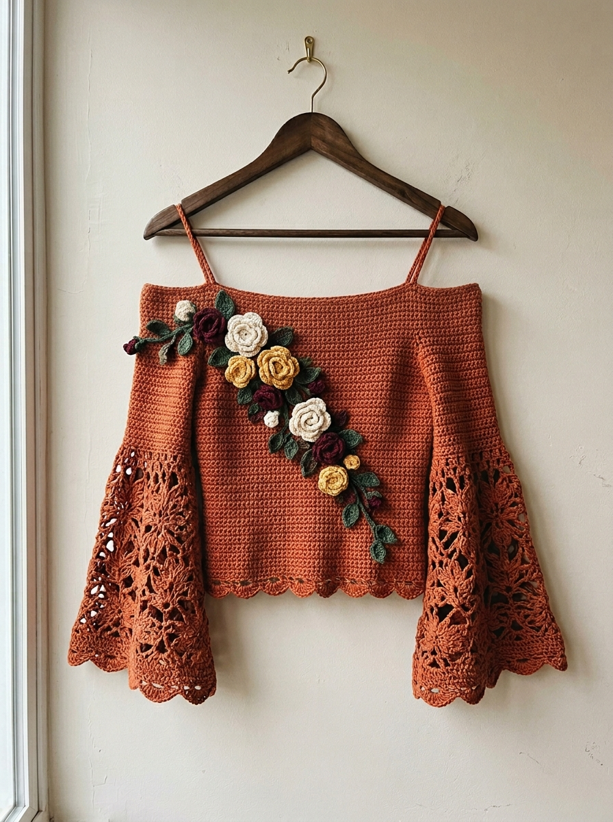 Terracotta Sunset Floral Crochet Blouse Free Pattern