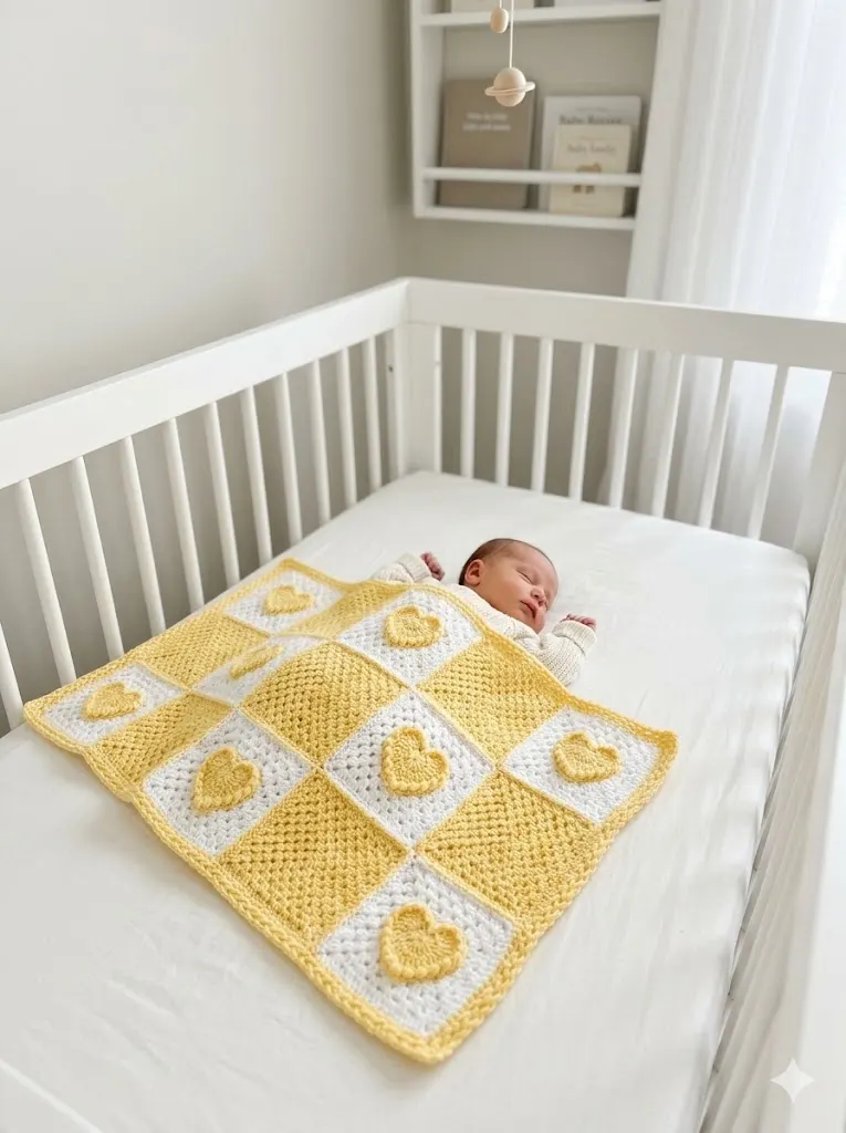 Yellow Heart Granny Square Baby Blanket Free Crochet Pattern